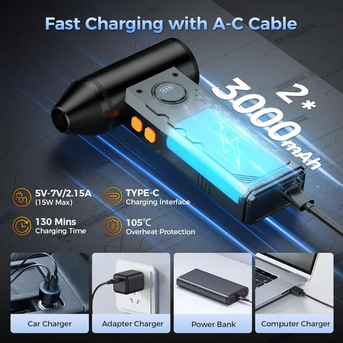 Miniatura 5 de Limpiador de Aire Comprimido, Plumero de Aire Eléctrico de 150000RPM con Pantalla LED y Luz, Soplador de Aire Inalámbrico Ajustable de 4 Engranajes