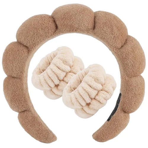 Miniatura 28 de Zkptops Diadema de Spa para Lavar la Cara Muñequera Esponja Maquillaje Cuidado de la Piel Diadema de Tela de Rizo Burbuja Suave Prepárate Diadema