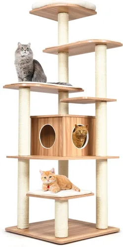 Miniatura 9 de PETSITE Árbol alto para gatos de interior, torre moderna de varios niveles para gatos de 71 pulgadas con perca de felpa, cómodo condominio