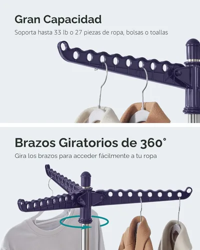 Miniatura 3 de SONGMICS ULLR510Q01 - Estante de secado de ropa plegable de 59 pulgadas con 3 brazos giratorios para perchas, 4 patas, acero inoxidable, para 27