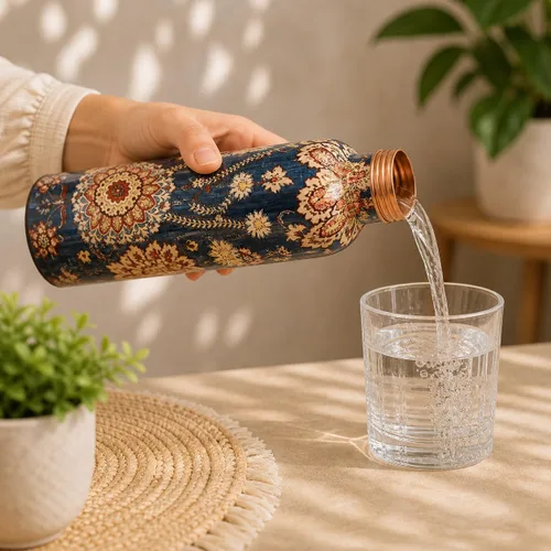Miniatura 7 de Botella de agua de cobre puro - Hecha a mano - Beneficios para la salud de ayurveda - Grande 35 oz - A prueba de fugas - Fácil de llevar para Índigo