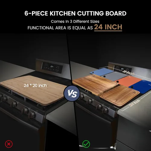 Miniatura 7 de Juego de 7 tablas de cortar grandes, tabla de cortar de madera de acacia para cocina con soporte pies antideslizantes, alfombrillas de plástico