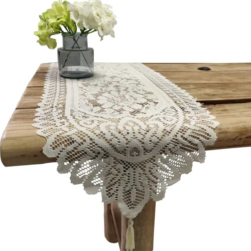 Miniatura 8 de Tinsow Paquete de 2 tapetes rectangulares de algodón con encaje de ganchillo (beige sin borlas)
