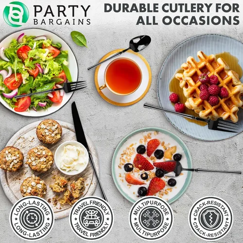 Miniatura 6 de Party Bargains Juego de cubiertos negros de plástico desechable, utensilios de diseño moderno infinito, paquete de 40: 16 tenedores, 8 cuchillos, 16