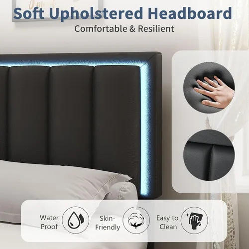Miniatura 5 de IMMERSTABLE Base de cama tamaño Queen con cabecero y 4 cajones de almacenamiento, plataforma tapizada de piel sintética con luces LED, listones