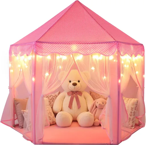 Miniatura 13 de Sumbababy - Tienda de campaña de castillo de princesa para niñas, de juego, hexagonal, azul, con luces de estrella de hadas, juguetes para niños