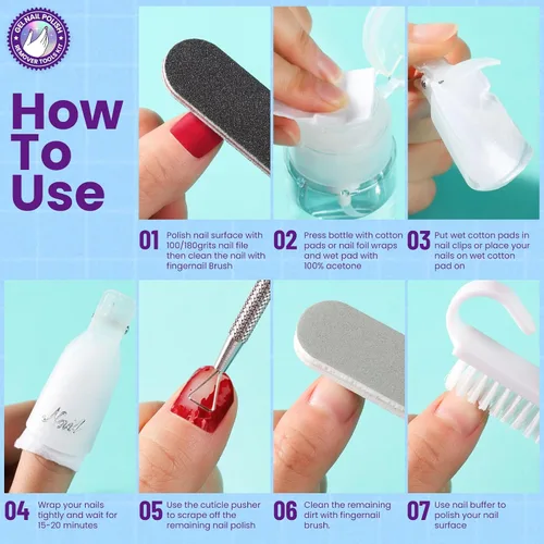 Miniatura 8 de Kit de herramientas para quitar esmalte de uñas de gel con clips de uñas de plástico, botella removedor de esmalte de uñas de 3.4 fl oz, toallitas
