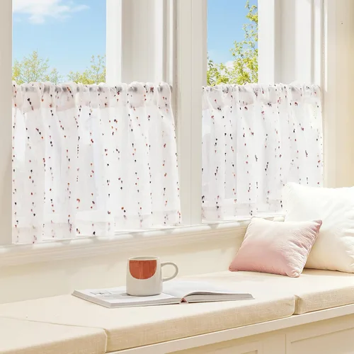 Miniatura 3 de jinchan Cortinas de cenefa para ventanas de 16 pulgadas, coloridos mini pompones, cenefa de cocina de granja, cenefa de gasa semitransparente