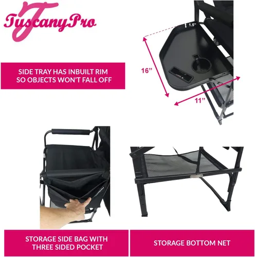 Miniatura 6 de Silla de directores alta profesional portátil con bandeja lateral, nombre personalizado/logotipo impreso, altura del asiento de 29 pulgadas