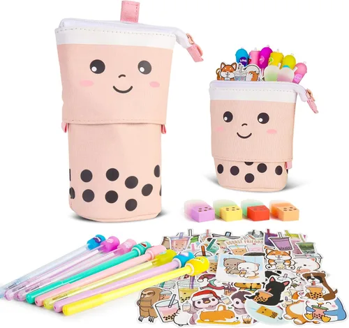 Juego de papelería de té de burbujas, 61 piezas de suministros escolares Kawaii y estuche Boba para niñas, con 8 bolígrafos, 50 calcomanías, bolsa