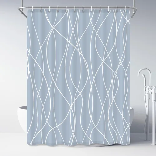 Miniatura 59 de Juego de cortinas de ducha azul egeo para baño con ganchos, cortinas de baño decorativas repelentes al agua y lavables con rayas blancas, 72 x 72
