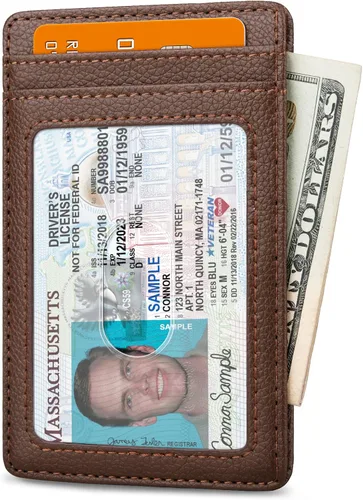 Miniatura 16 de Buffway Billetera delgada para hombre, minimalista con bolsillo frontal delgado, tarjetero de cuero con bloqueo RFID para viajes de trabajo