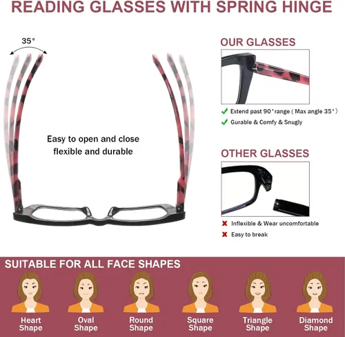 Miniatura 4 de Gafas de lectura para mujer, paquete de 5 unidades, estilo Oprah, bloqueo de luz azul, cuadrados de gran tamaño, para computadora, bisagra de resorte