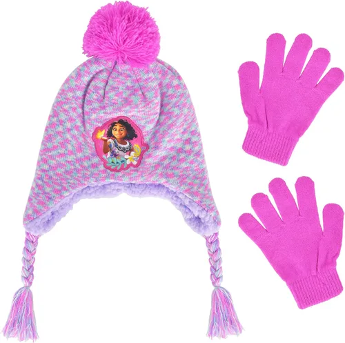 Disney Encanto - Conjunto de gorro y guantes para niños, gorro de punto de invierno peruano Mirabel con borlas y guantes a juego, rosa, talla única,
