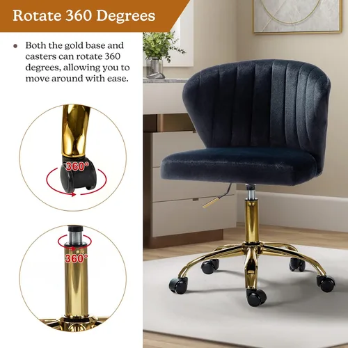 Miniatura 5 de TINA'S HOME Sillas de escritorio de oficina con ruedas y base dorada, moderna silla de oficina sin brazos de terciopelo, silla giratoria ajustable