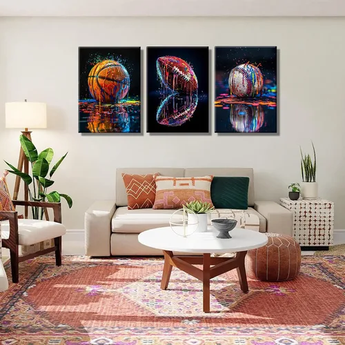 Miniatura 6 de 3 piezas de arte de pared en lienzo deportivo de graffiti para habitación de niños, rústico, fútbol, béisbol, fútbol americano, rugby, decoración