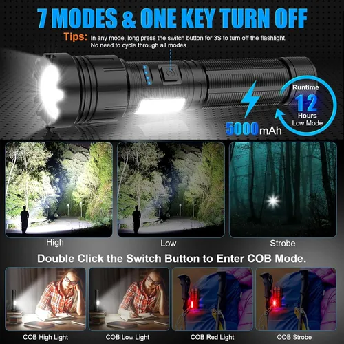 Miniatura 4 de Banral Linterna magnética recargable, linternas de bolsillo LED superbrillantes de alto lúmenes con luz lateral COB, tipo C, zoomable, 7 modos, IPX7