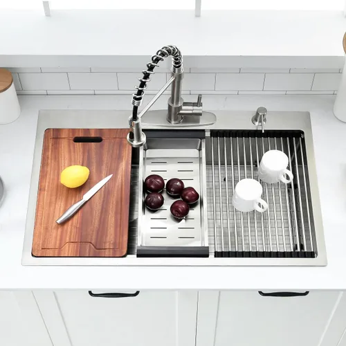 Miniatura 2 de Estación de trabajo de fregadero de cocina de 33 pulgadas - VOKIM 33 x 22 pulgadas, fregadero de cocina de montaje superior de 16 calibre, fregadero