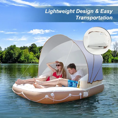 Miniatura 5 de Goplus Isla de toldo inflable, flotador de piscina de bronceado de 73 pulgadas con toldo retráctil y extraíble, SPF50+, 3 almohadas cómodas, carga