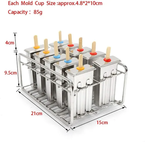 Miniatura 6 de Molde para paletas de hielo, moldes de acero inoxidable, soporte para palitos de helado (10 unidades)