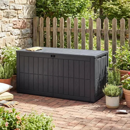 Caja de almacenamiento para exteriores de 120 galones, con cerradura, impermeable, para interiores y exteriores, contenedor de almacenamiento para