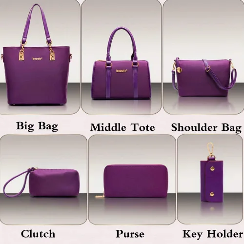 Miniatura 4 de Juego de 6 bolsas con asa superior de nailon para mujer, incluye bolsa grande, bolsa mediana, bolsa de hombro, cartera, bolsa de mano y llavero