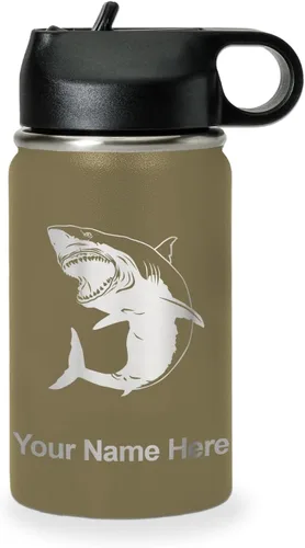 Miniatura 25 de LaserGram Botella de agua personalizada, gran tiburón blanco, acero inoxidable de doble pared aislada al vacío con popote superior, regalo grabado