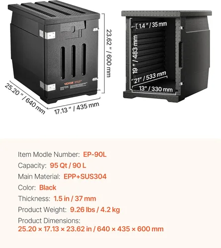 Miniatura 7 de VEVOR Transportador de bandeja de alimentos aislado, caja caliente de 95 cuartos de galón para catering, LLDPE caja de alimentos con hebillas Negro