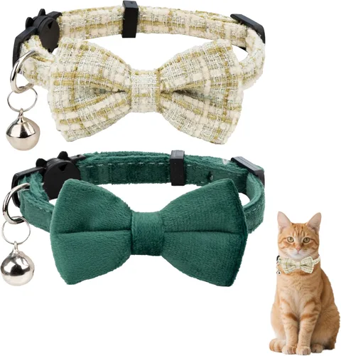 Miniatura 14 de Collar de gato con campana para niño y niña, pajarita de seguridad, a cuadros, color sólido, conjunto de regalo, lindo festivo, [2 piezas], verde