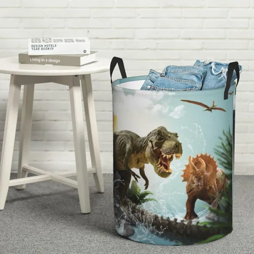 Miniatura 8 de Cesta de lavandería de dinosaurio 3D con asa duradera, impermeable, plegable, cesta de almacenamiento de ropa sucia circular para baño, dormitorio