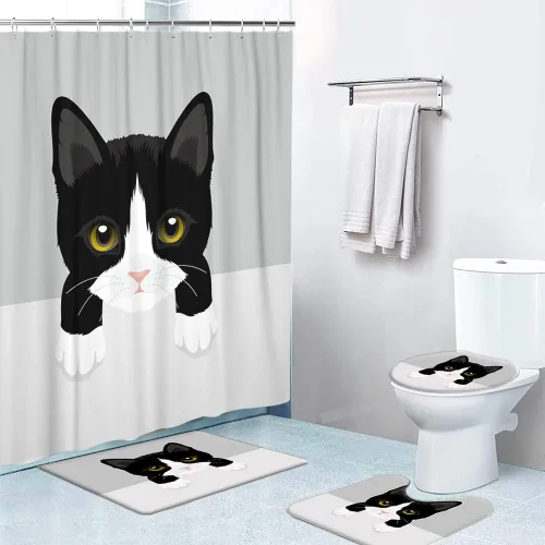 LOKMU Juego de 4 cortinas de ducha con alfombras antideslizantes, cubierta para tapa de inodoro y tapete de baño, esmoquin de animales y gatos,