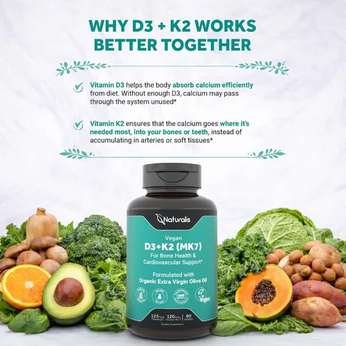Miniatura 5 de Naturalis Vitamina vegana D3+K2 de algas 5000 UI D3 con 120 mcg MK7 Certificado de la sociedad vegana, de origen sostenible, mejor que
