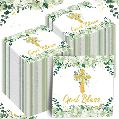 Nuanchu 200 servilletas de bautismo religiosas para primera comunión, diseño floral verde, cruz religiosa, decoración de papel religioso para