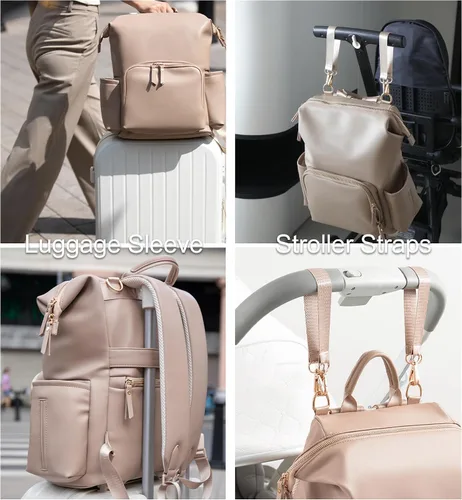 Miniatura 5 de Mochila para pañales de cuero sintético con bolsillos impermeables, hebilla para cochecito y cambiador - 35L bolsas grandes para pañales, bolsa