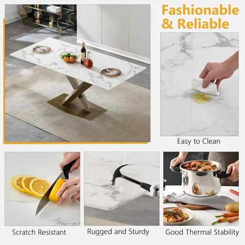 Miniatura 6 de Juego de mesa de comedor de mármol blanco de lujo para 4, 70 pulgadas, mesa de comedor de mármol blanco con 4 sillas de terciopelo gris y base
