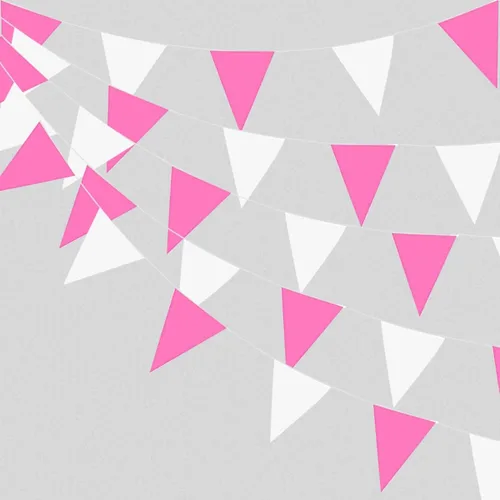 Banderines de tela rosa y blanca de 131 pies de 131 pies, banderas triangulares al aire libre para niñas y mujeres, decoraciones de fiesta de