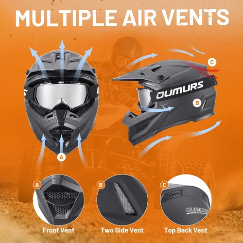 Miniatura 4 de OUMURS DOT - Casco de motocross para adultos con gafas, guantes y máscara ajustable, visera solar, casco para adultos, todoterreno, motocross