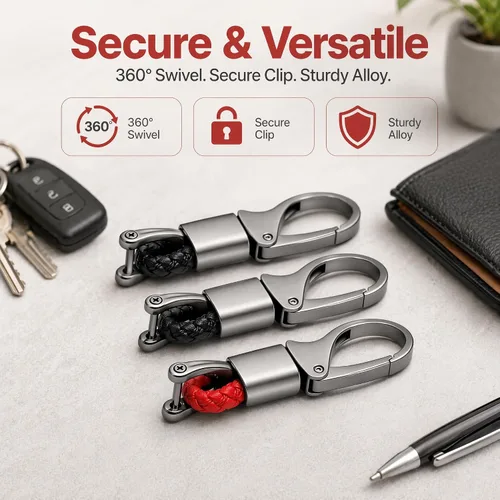 Miniatura 5 de Juego de 3 llaveros de poliuretano de alta calidad (negro y rojo) llavero de metal resistente con anillo en D destornillador de rotación de 360°
