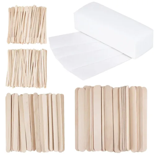 Juego de 400 tiras de cera, 300 barras aplicadoras de cera de madera pequeñas, medianas y grandes, espátulas de cera de cejas y 100 tiras de cera de
