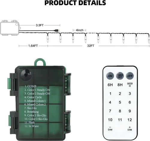 Miniatura 7 de 100 luces LED de color blanco cálido a multicolor de 33 pies, funciona con pilas, 8 modos, tira de luces para interiores y exteriores, para árbol