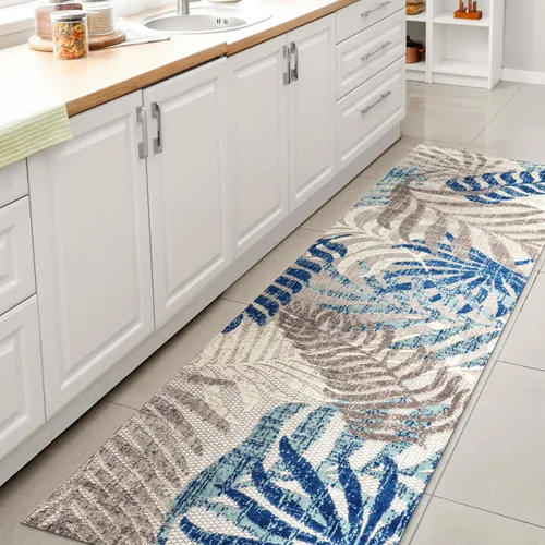 Miniatura 17 de JONATHAN Y Tropics Palm Leaves Indoor Outdoor Runner Rug 2X8 Cream/Dark Blue, Boho for Backyard, Patio, Porch, Easy-Cleaning, High Traffic