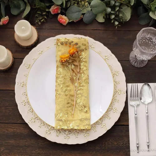 Miniatura 7 de Efavormart Servilletas de tela de cena con hojas de oro brillante y enredaderas bordadas con lentejuelas, servilletas decorativas transparentes
