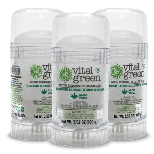 Vital Green Crystal Potassium Alum Desodorante con Aloe Vera – Desodorante mineral sin perfume para pieles sensibles – 3.53 oz / 100 g (3 unidades)