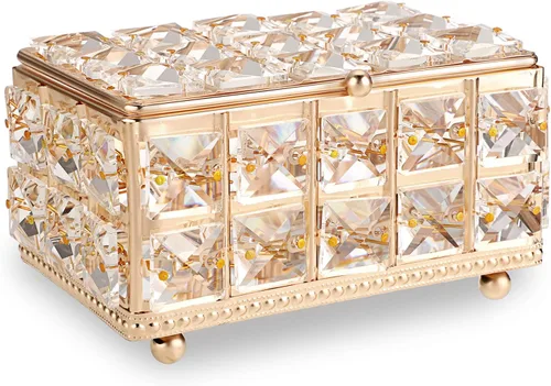 ELLDOO Joyero de cristal rectangular con tapa, aretes, anillos, caja de recuerdos vintage para San Valentín, boda, tocador, dormitorio, decoración