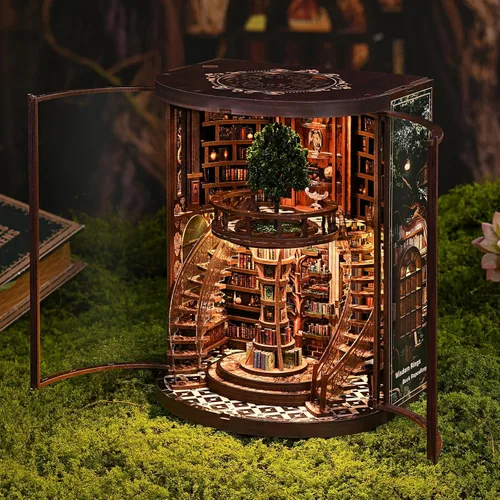 Miniatura 2 de ACOCO Kit de rincón de libro de biblioteca clásica, rompecabezas de madera 3D con luz LED, decoración de estantería en miniatura, regalo