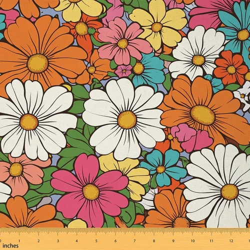 Tela floral bohemia por yarda, tela de tapicería de flores groovy retro, 60S y 70S, tela decorativa de flores hippie para jardín natural, botánico