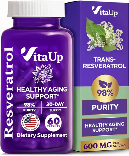 VitaUp Suplemento de trans-resveratrol – 98% pureza en cápsulas de resveratrol fabricadas en Estados Unidos 600 mg – estandarizado al 98% de