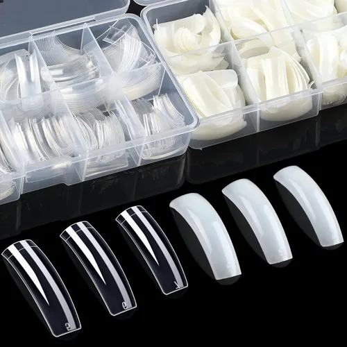 Miniatura 9 de FEBSNOW 600 piezas de puntas de uñas postizas largas estilo ataúd, uñas de gel transparentes de cobertura completa, estilo bailarina, autoadhesivas