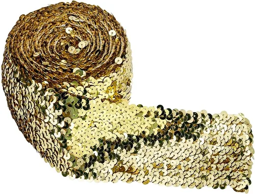 FINGERINSPIRE Cinta de lentejuelas elásticas doradas de 5.5 yardas y 3 pulgadas de ancho, lentejuelas planas, ribete de encaje, cinta elástica Dorado