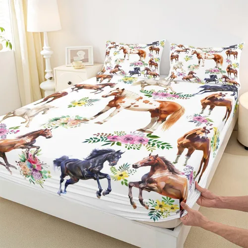 Miniatura 2 de Sábana bajera ajustable de caballo, sábanas de flores de animales de granja, tamaño individual para niños, adolescentes, adultos, dormitorio, juego